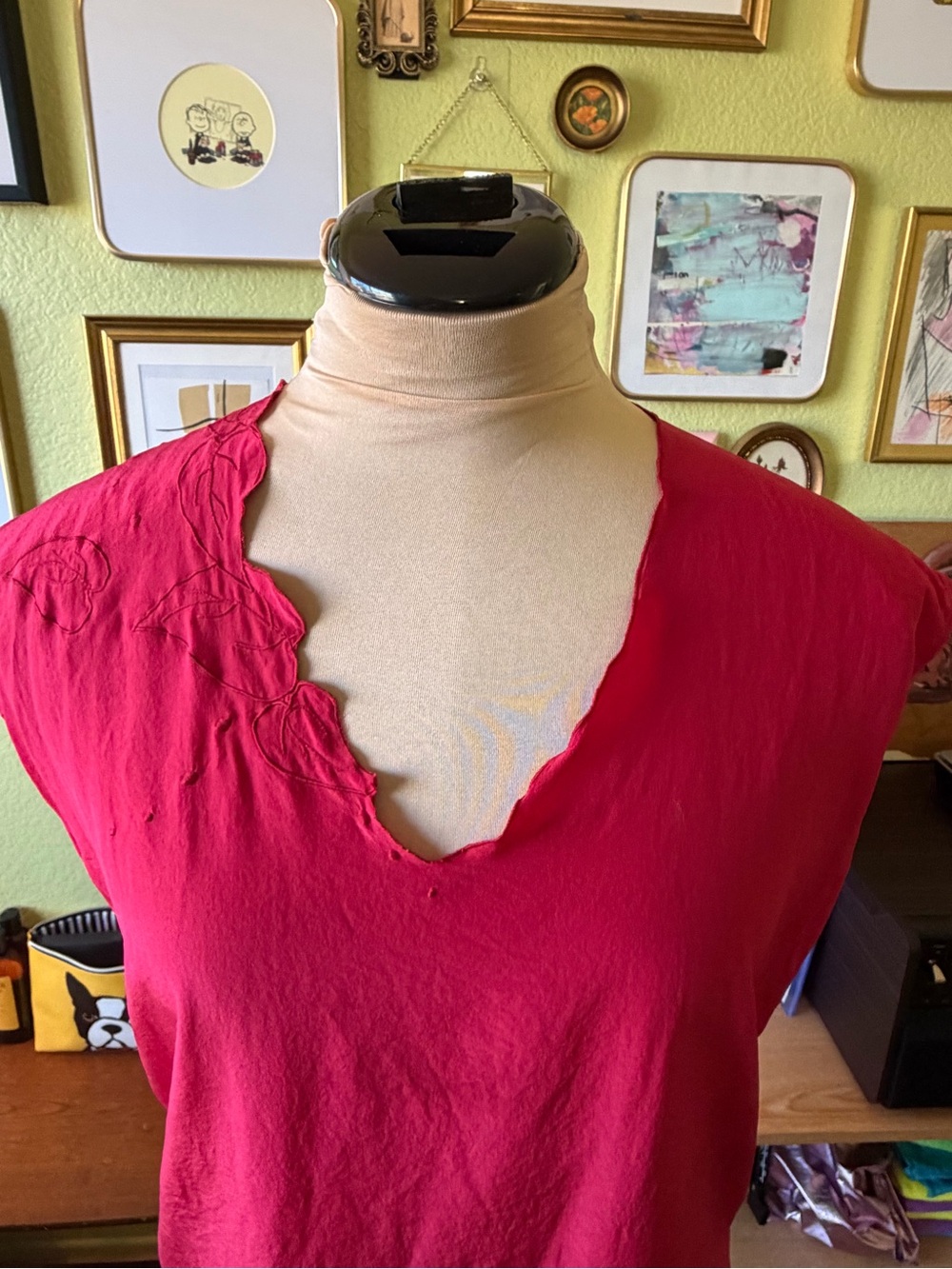 Vintage 1970s Alan Austin Red Silk Top, Scalloped Cutwork Embroidered Neckline